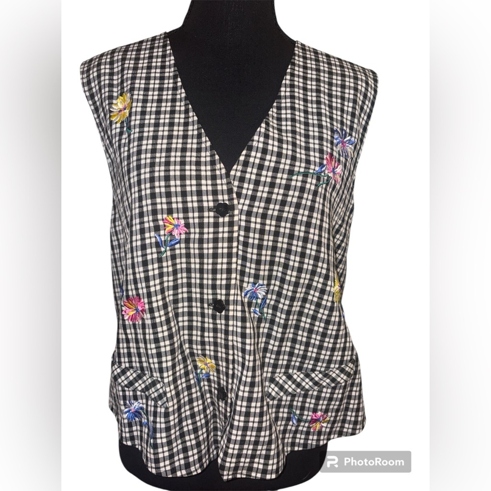 Koret Petites Vintage Floral Reversible Black & Gingham Button-Up Vest SZ 8 MED